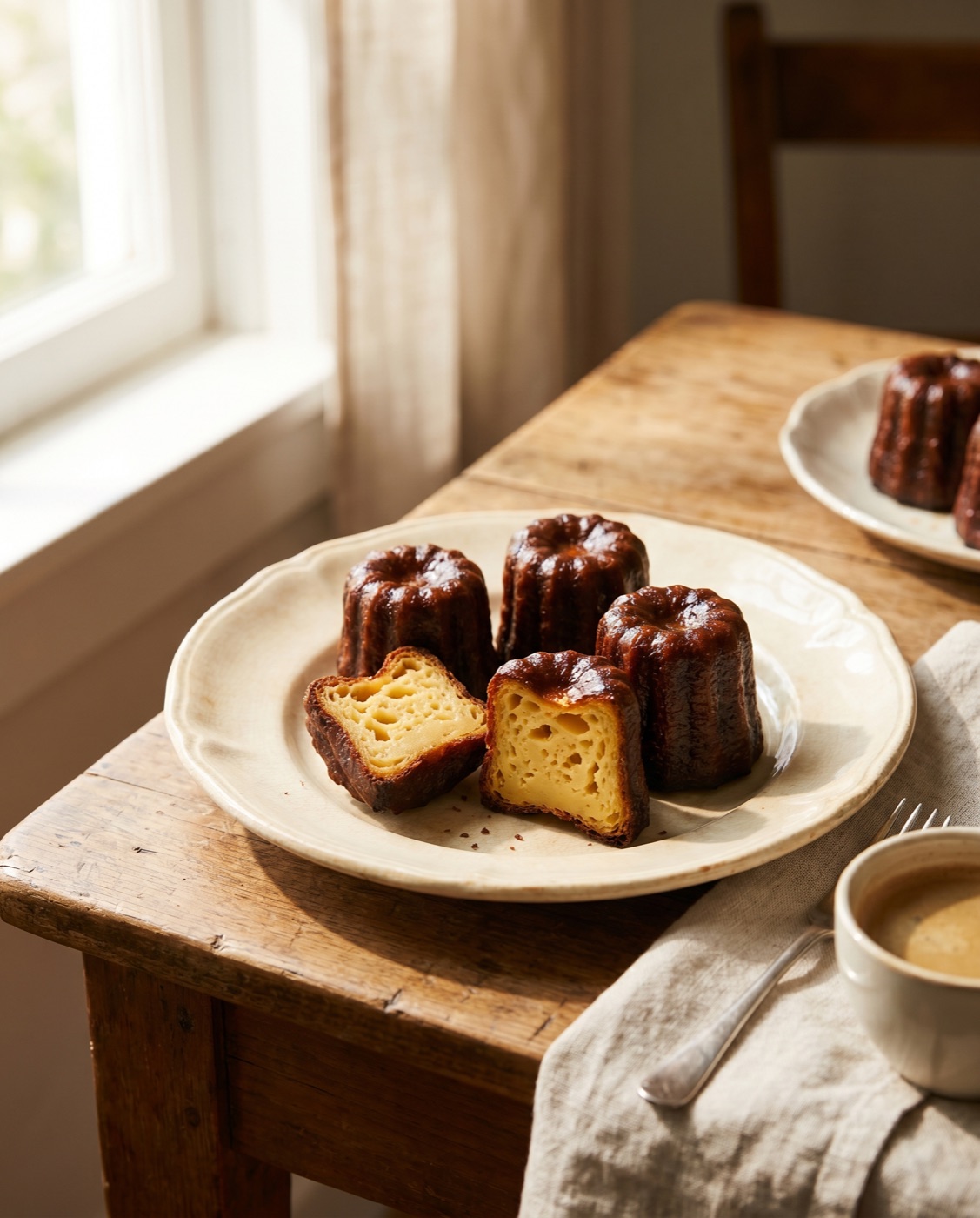 French canelés with a dark caramelised crust on a cream plate