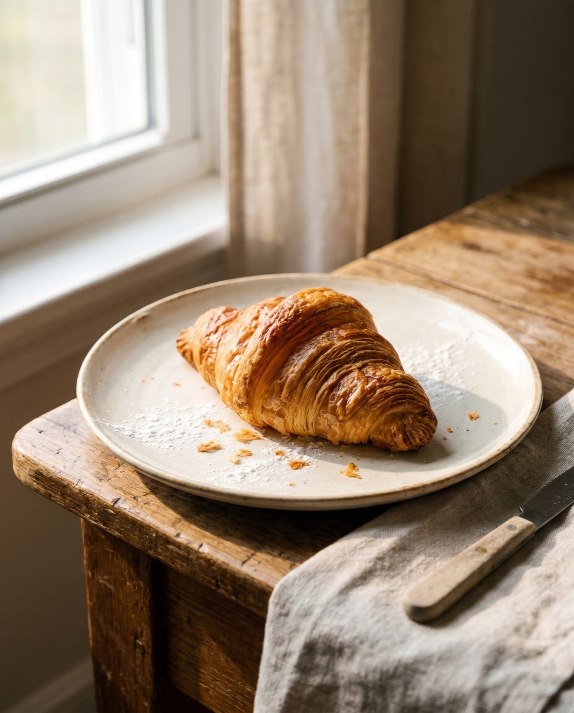 A golden butter croissant with flaky layers on a cream plate