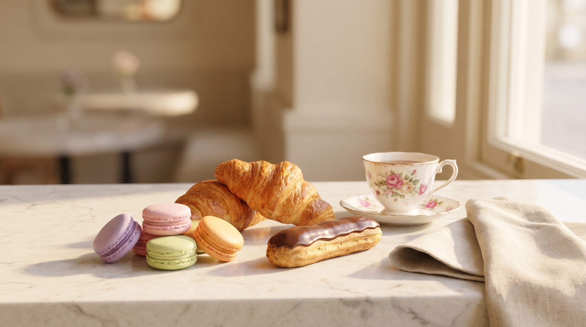 Croissants, macarons and a latte arranged on a sunlit café table