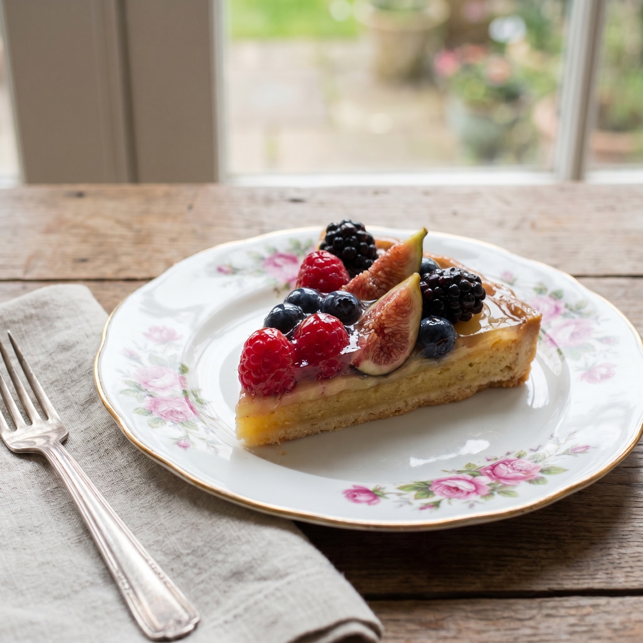 A glossy French fruit tart with berries on rose-patterned china