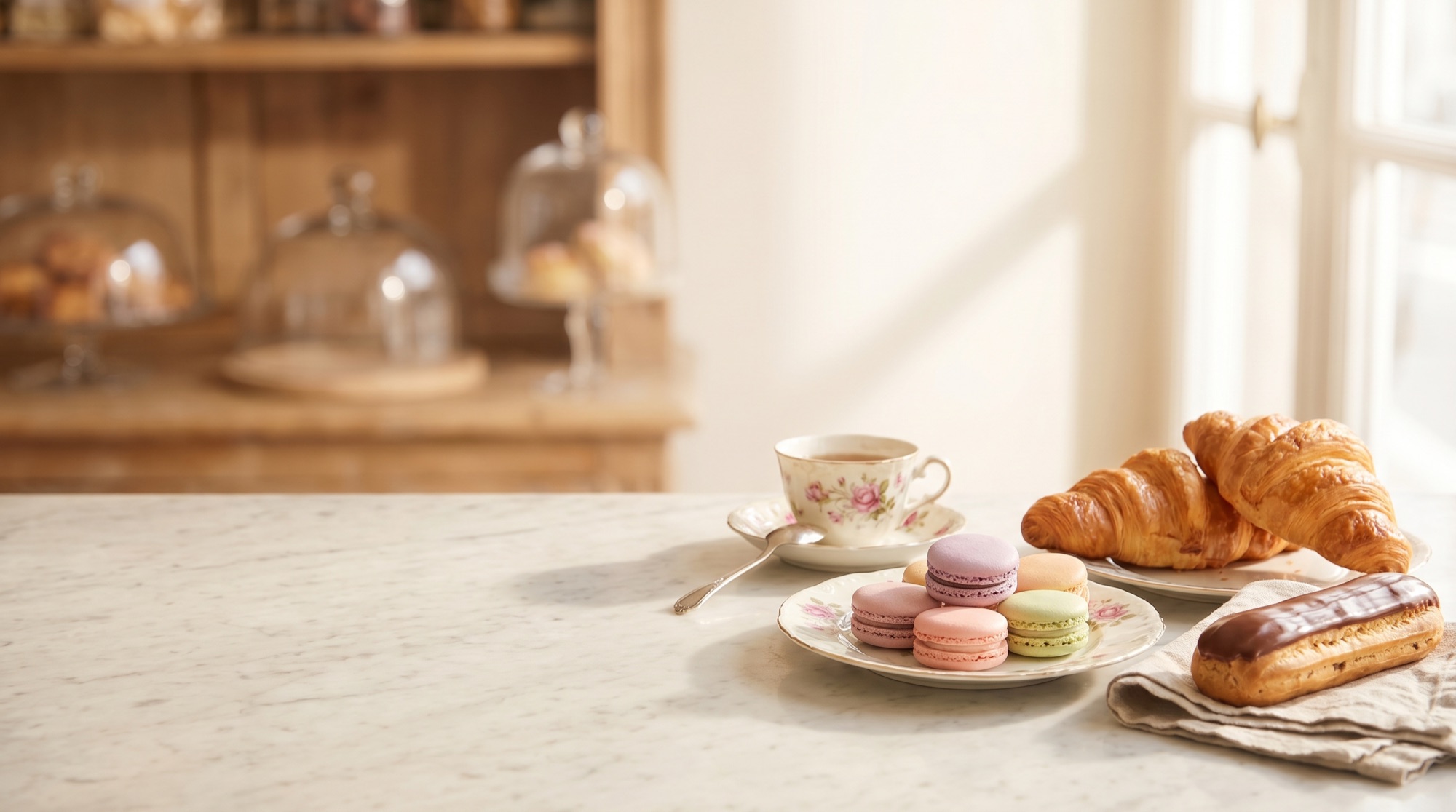Pastel French macarons on rose-patterned china beside golden croissants and an éclair, on a marble counter in a Halifax pâtisserie