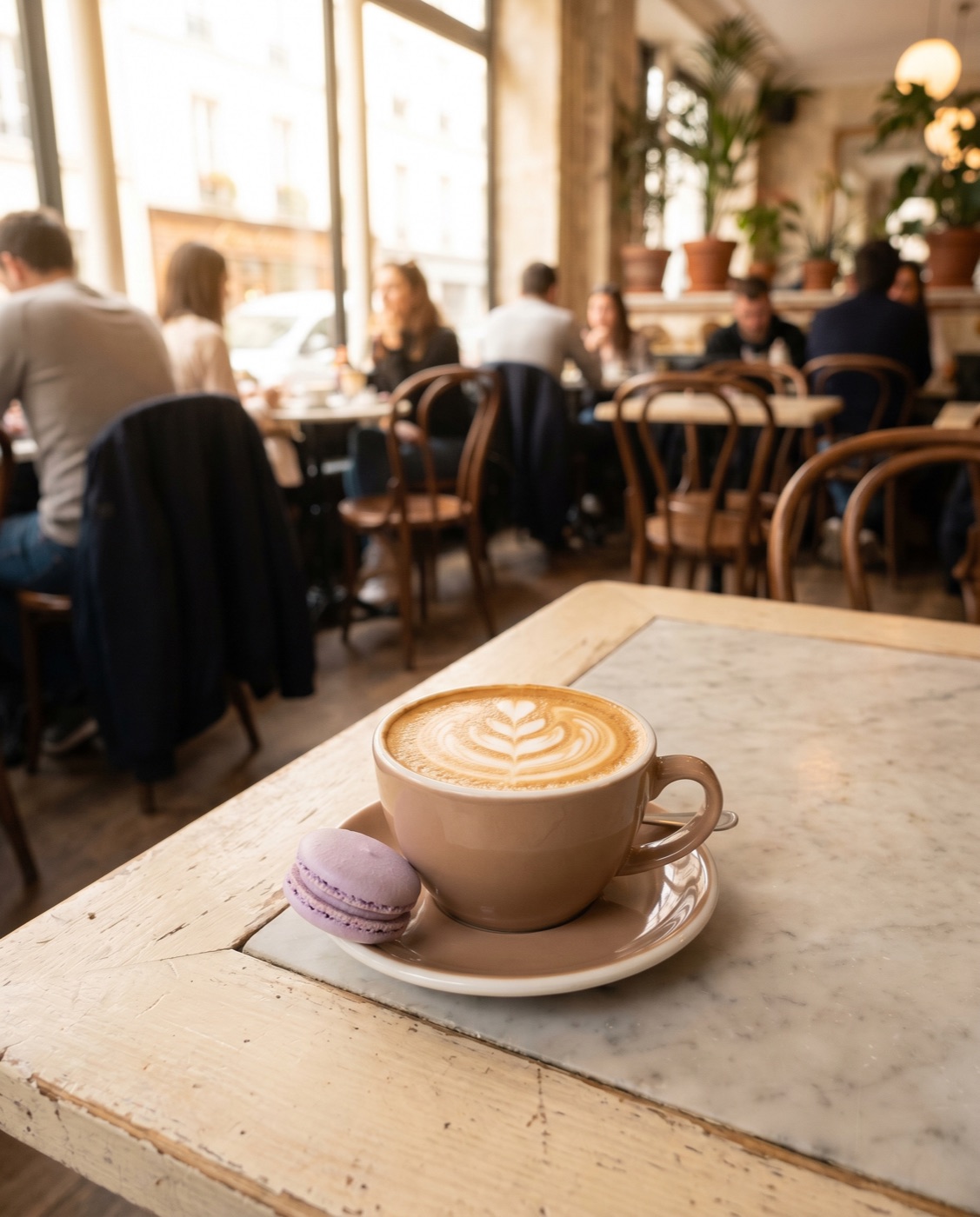 A latte with rosetta latte art beside a lavender macaron on a café table