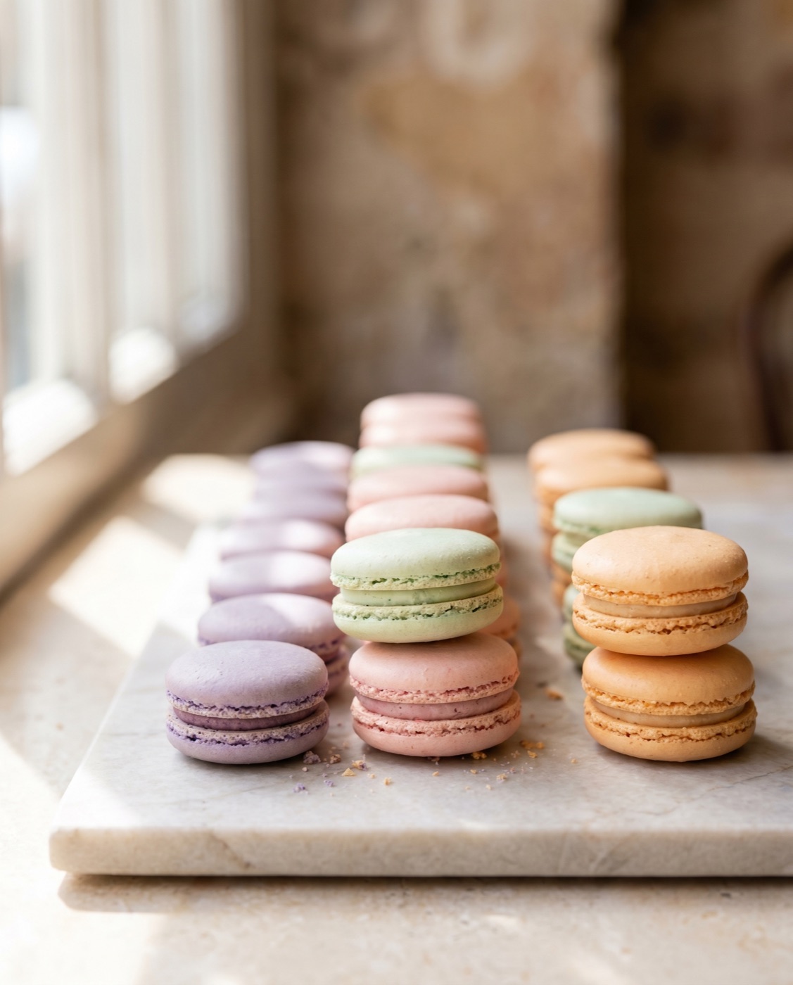 Rows of pastel macarons in lavender, blush, mint and peach on marble